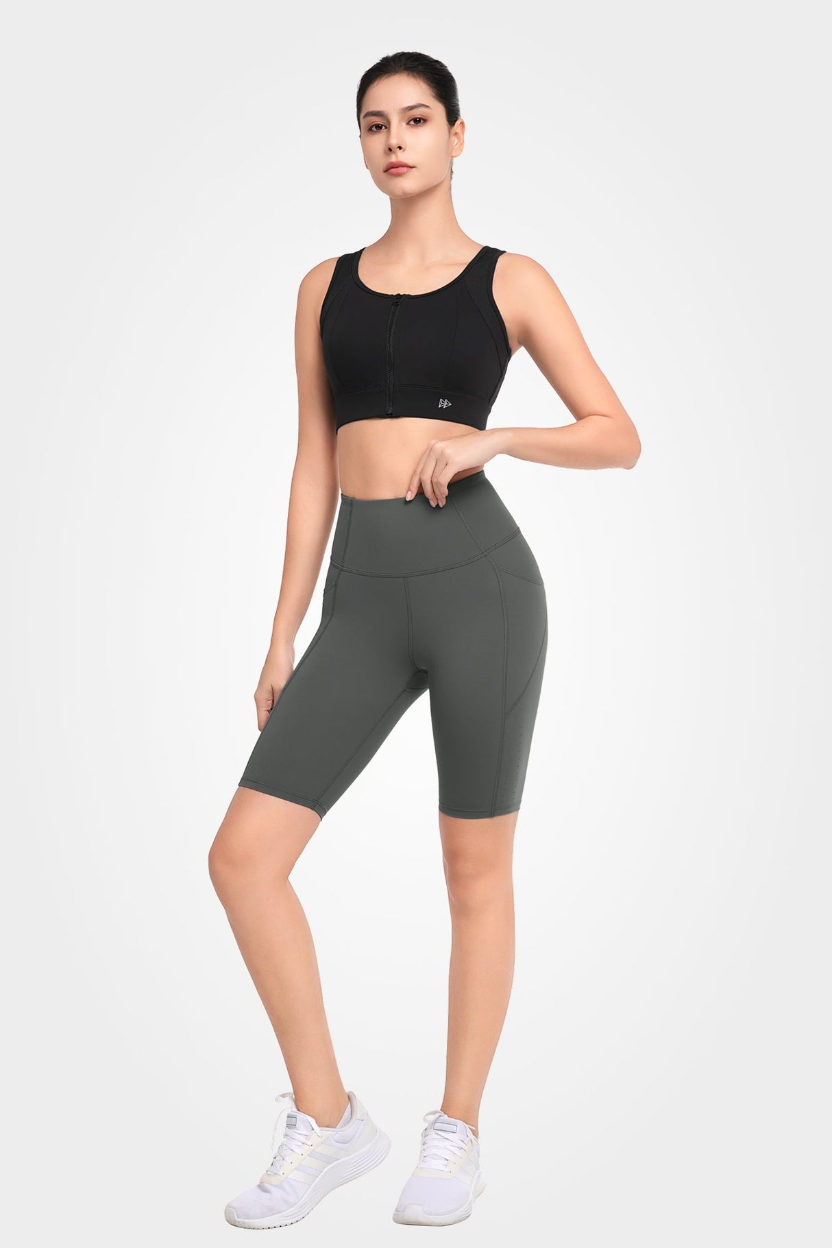 Echo High Waist Pockets Side Perforated Biker Shorts 8 Inch | Women's High Support Sports Shorts