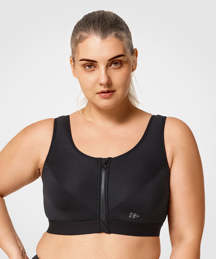 Womens black zip front plus size sports bra – Yvette_UK