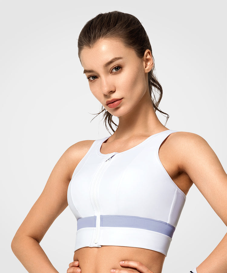 white zip front sports bra