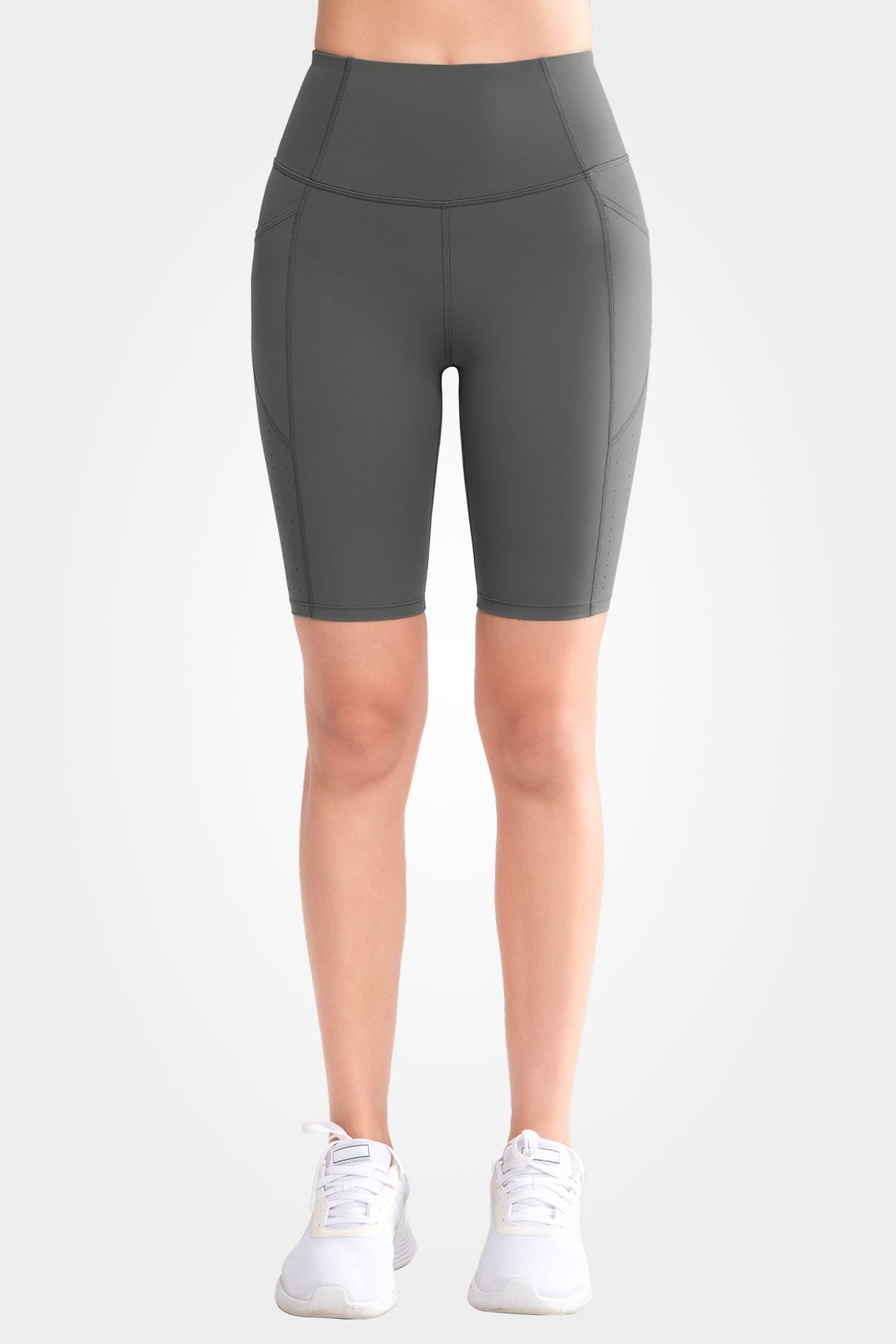 Echo High Waist Pockets Side Perforated Biker Shorts  8 Inch | Women's High Support Sports Shorts