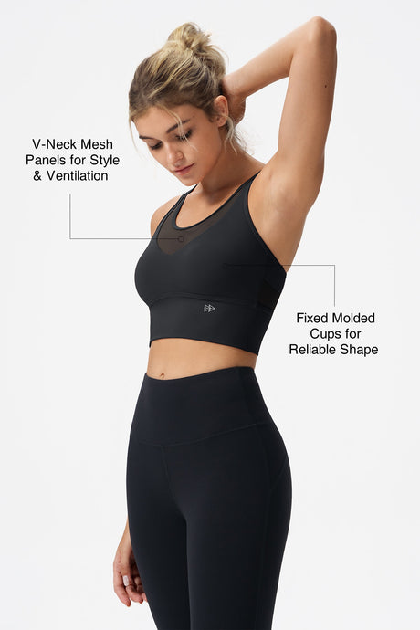 Echo™ Deep V-Neck Mesh Longline Padded Yoga Bra | Women's Light Support Sports Bra