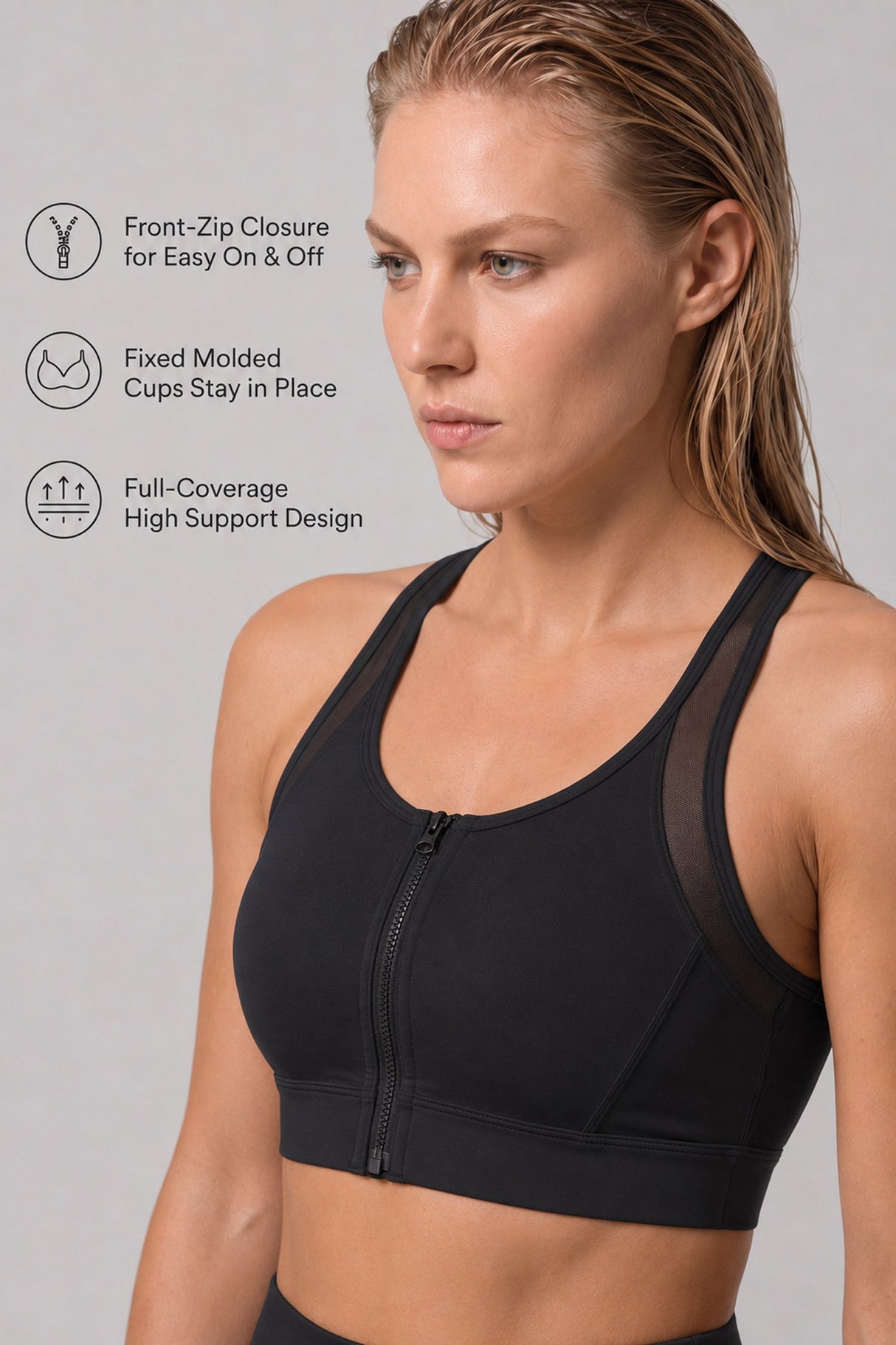 Power™ Zip-Front Mesh T-Back Sports Bra | High-Impact Support for Running & HIIT