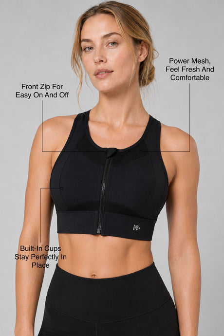 Sculpt™ Zip-Front Full-Back Mesh Racerback Sports Bra | High-Impact Support for Running, Gym & Training