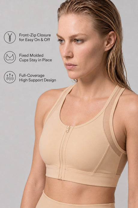 Power™ Zip-Front Mesh T-Back Sports Bra | High-Impact Support for Running & HIIT