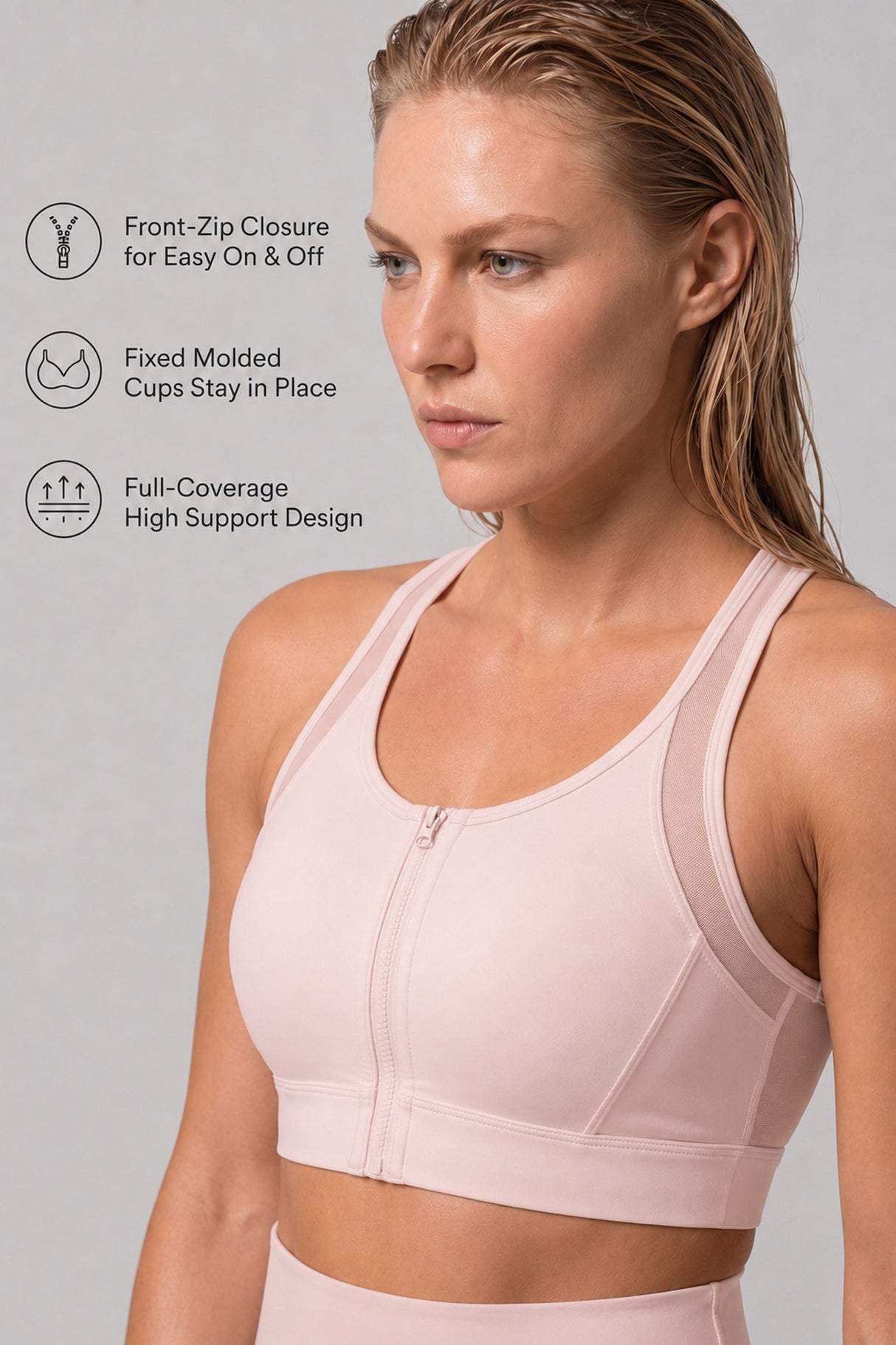 Power™ Zip-Front Mesh T-Back Sports Bra | High-Impact Support for Running & HIIT