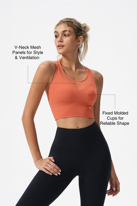 Echo™ Deep V-Neck Mesh Longline Padded Yoga Bra | Women's Light Support Sports Bra