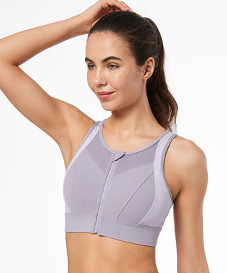 Yvette High Support Sports Bras For Women Double Deck Straps High Impact Mesh Zip Front Sports Bra For Running, Grey Pink, 2XL