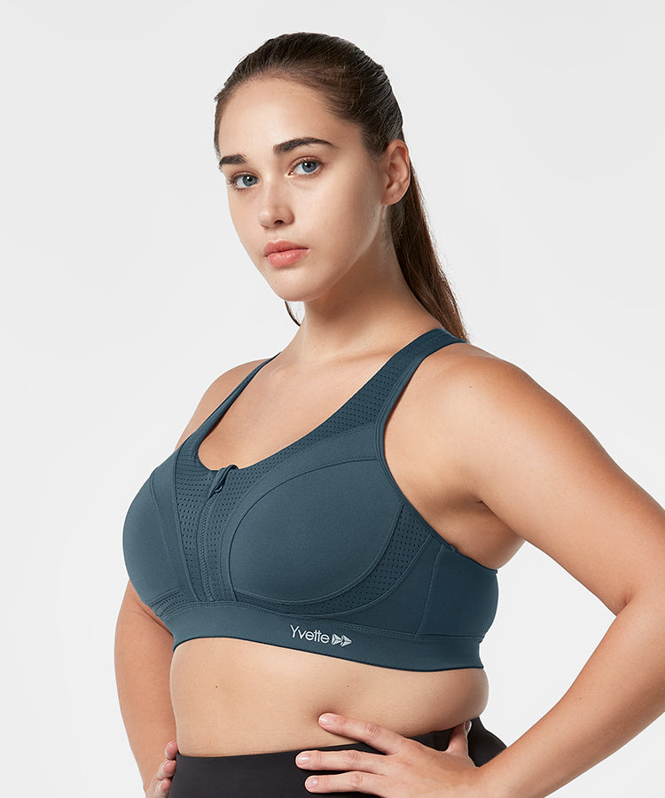  Yvette Womens Racerback Sports Bras For Women High Support  Large Bust Front Zip High Impact Workout Sports Bra For Plus Size
