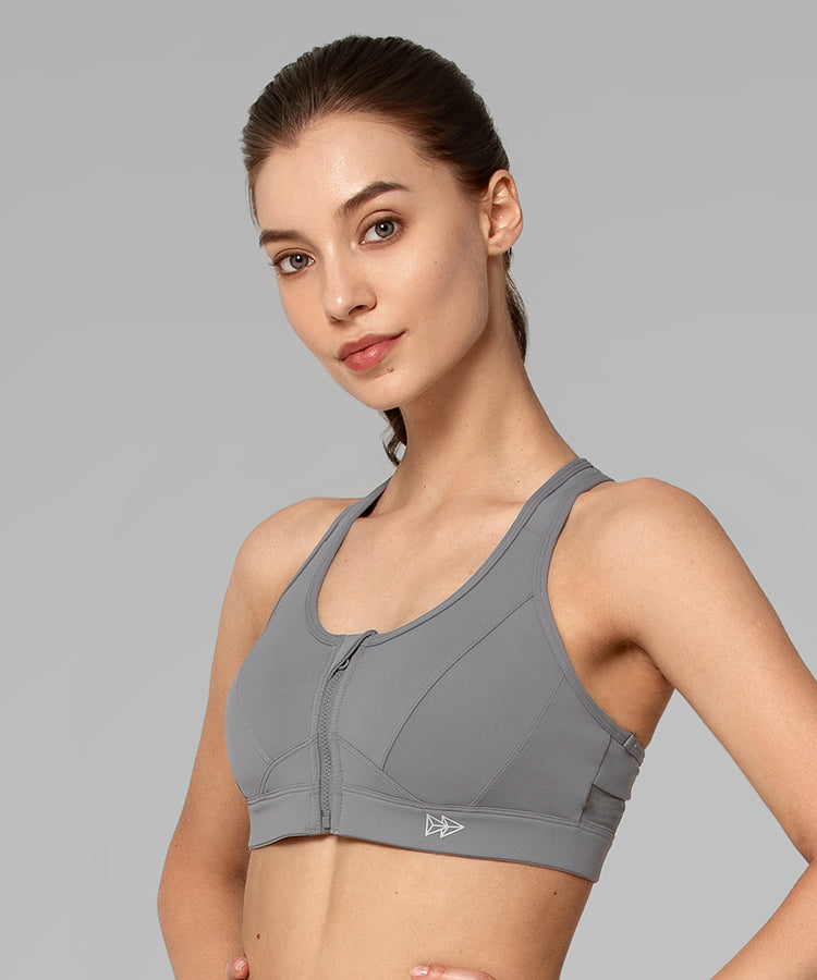 Sports Bra High Support with Zip - Grey